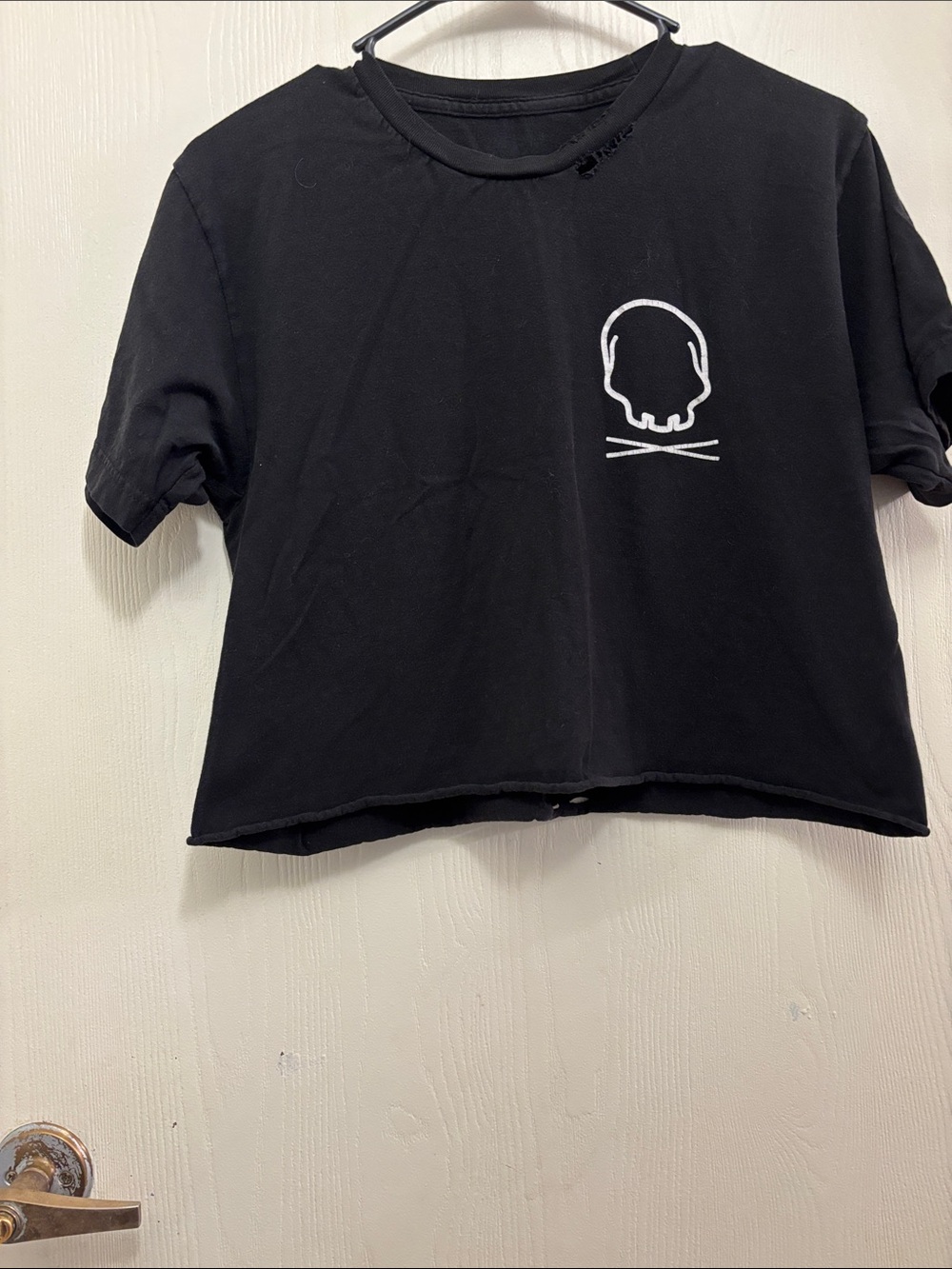 Black Skull Graphic Cropped Tee -  Distressed